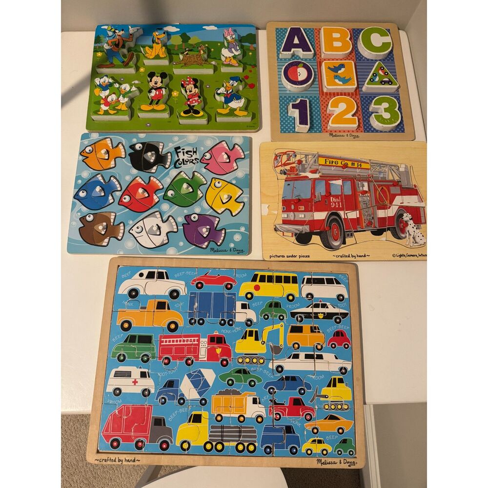 Melissa & Doug Puzzle Lot Wooden Chunky Pieces Disney Fish Firetruck Vehicles.